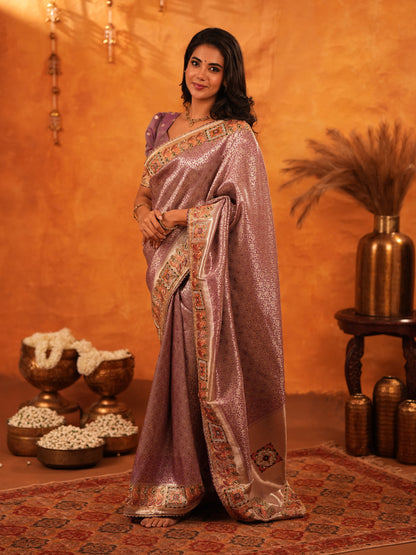 Dusty Mauve Banarasi Silk Saree with Intricate Zari Weaving & Rich Embroidered Border | Elegant Wedding & Festive Wear Saree with Blouse