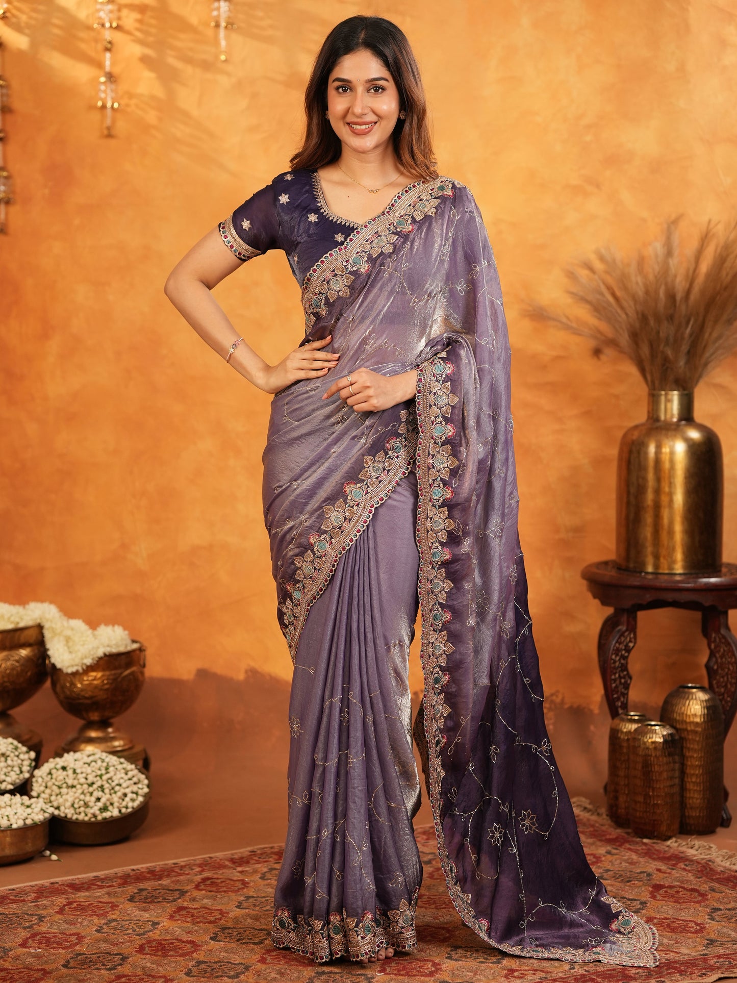 Royal Lavender Purple Fendy Satin Embroidered Saree with Intricate Floral Border & Tassels | Designer Party Wear Saree with Heavy Embroidered Blouse