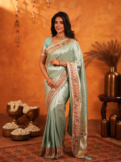 Mint Green Banarasi Silk Saree with Intricate Zari Weaving & Heavy Ornamental Embroidered Border | Elegant Festive & Wedding Wear Saree with Blouse