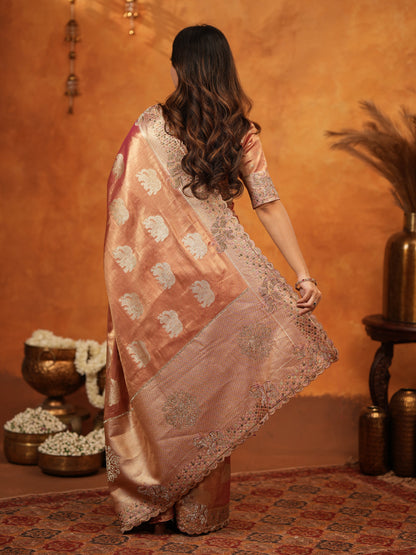 Peach Pink Tissue Silk Embroidered Saree with Zari Motifs & Designer Border | Heavy Embroidered Blouse with Tassels | Wedding & Festive Wear Saree