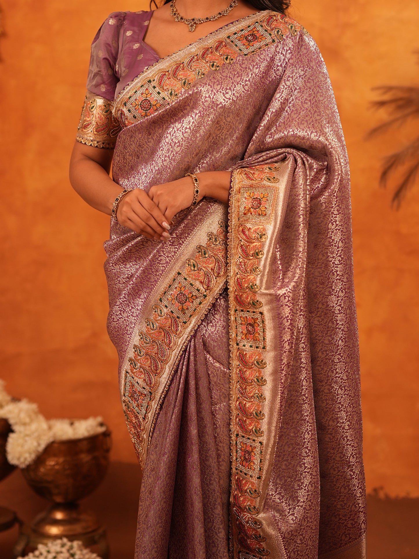 Dusty Mauve Banarasi Silk Saree with Intricate Zari Weaving & Rich Embroidered Border | Elegant Wedding & Festive Wear Saree with Blouse