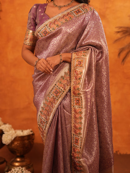 Dusty Mauve Banarasi Silk Saree with Intricate Zari Weaving & Rich Embroidered Border | Elegant Wedding & Festive Wear Saree with Blouse