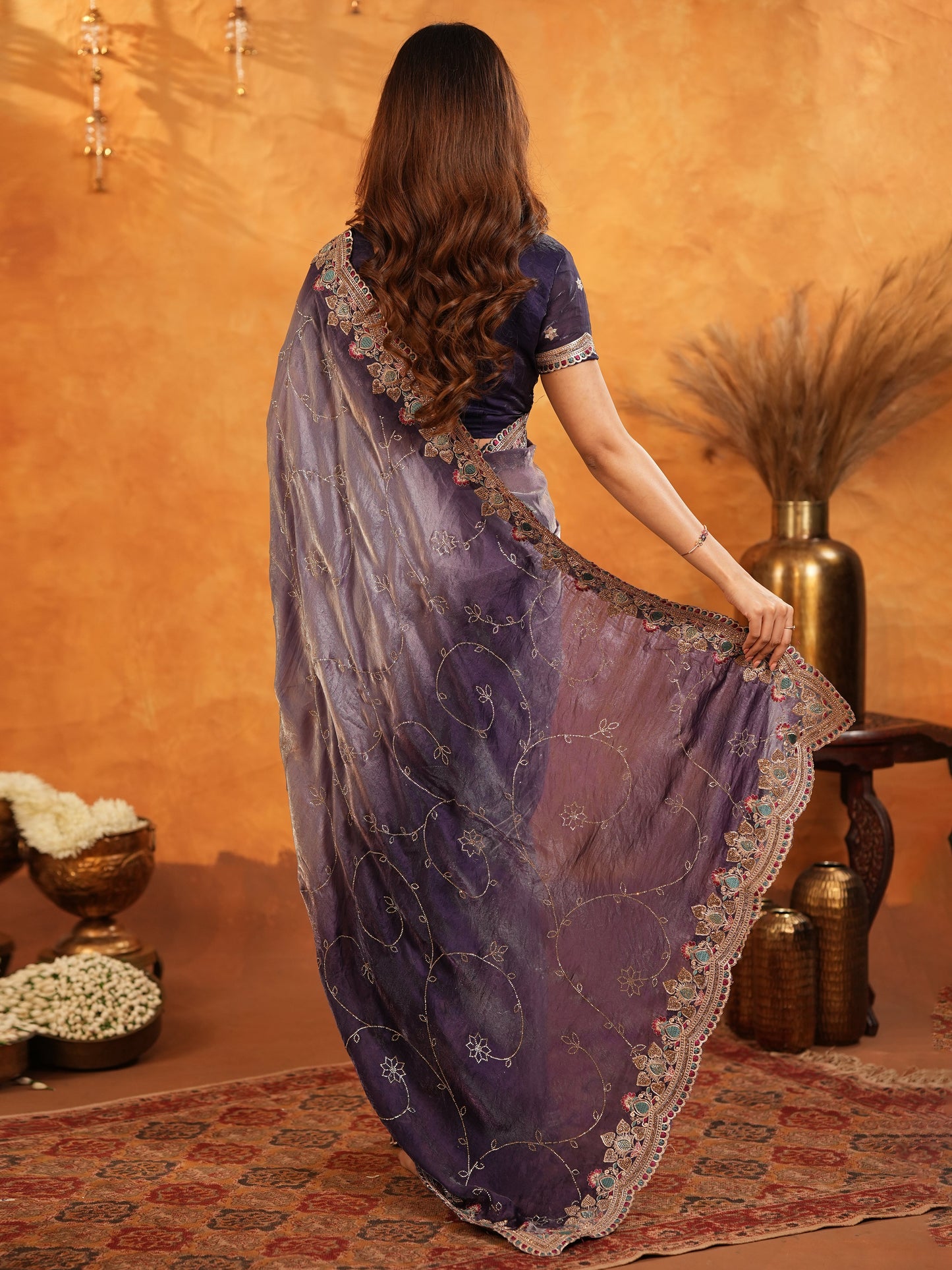 Royal Lavender Purple Fendy Satin Embroidered Saree with Intricate Floral Border & Tassels | Designer Party Wear Saree with Heavy Embroidered Blouse