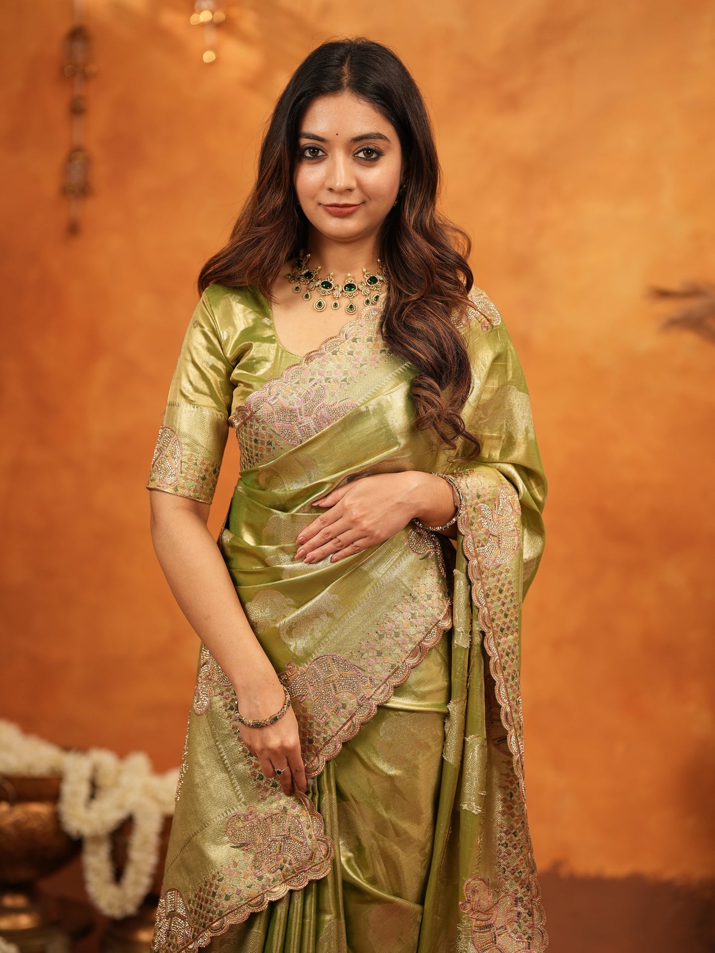 Mehendi Green Tissue Silk Embroidered Saree with Zari Motifs & Designer Border | Heavy Embroidered Blouse with Tassels | Wedding & Festive Wear Saree