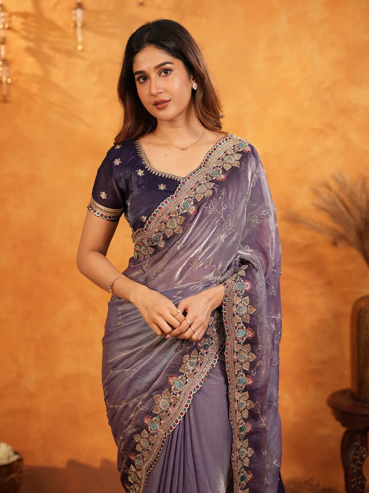 Royal Lavender Purple Fendy Satin Embroidered Saree with Intricate Floral Border & Tassels | Designer Party Wear Saree with Heavy Embroidered Blouse