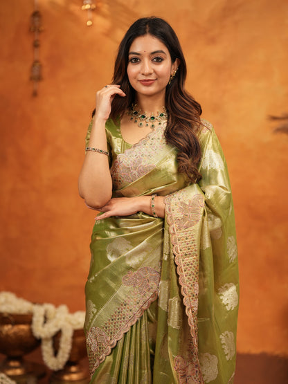 Mehendi Green Tissue Silk Embroidered Saree with Zari Motifs & Designer Border | Heavy Embroidered Blouse with Tassels | Wedding & Festive Wear Saree