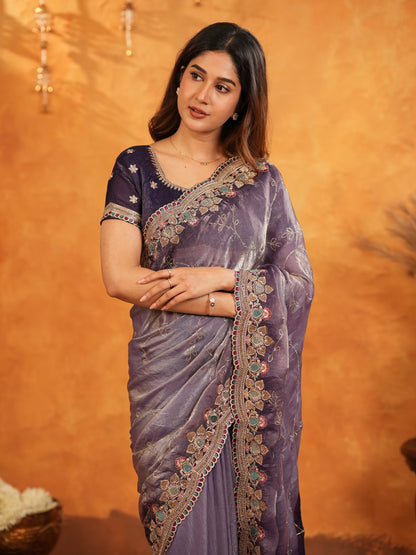 Royal Lavender Purple Fendy Satin Embroidered Saree with Intricate Floral Border & Tassels | Designer Party Wear Saree with Heavy Embroidered Blouse