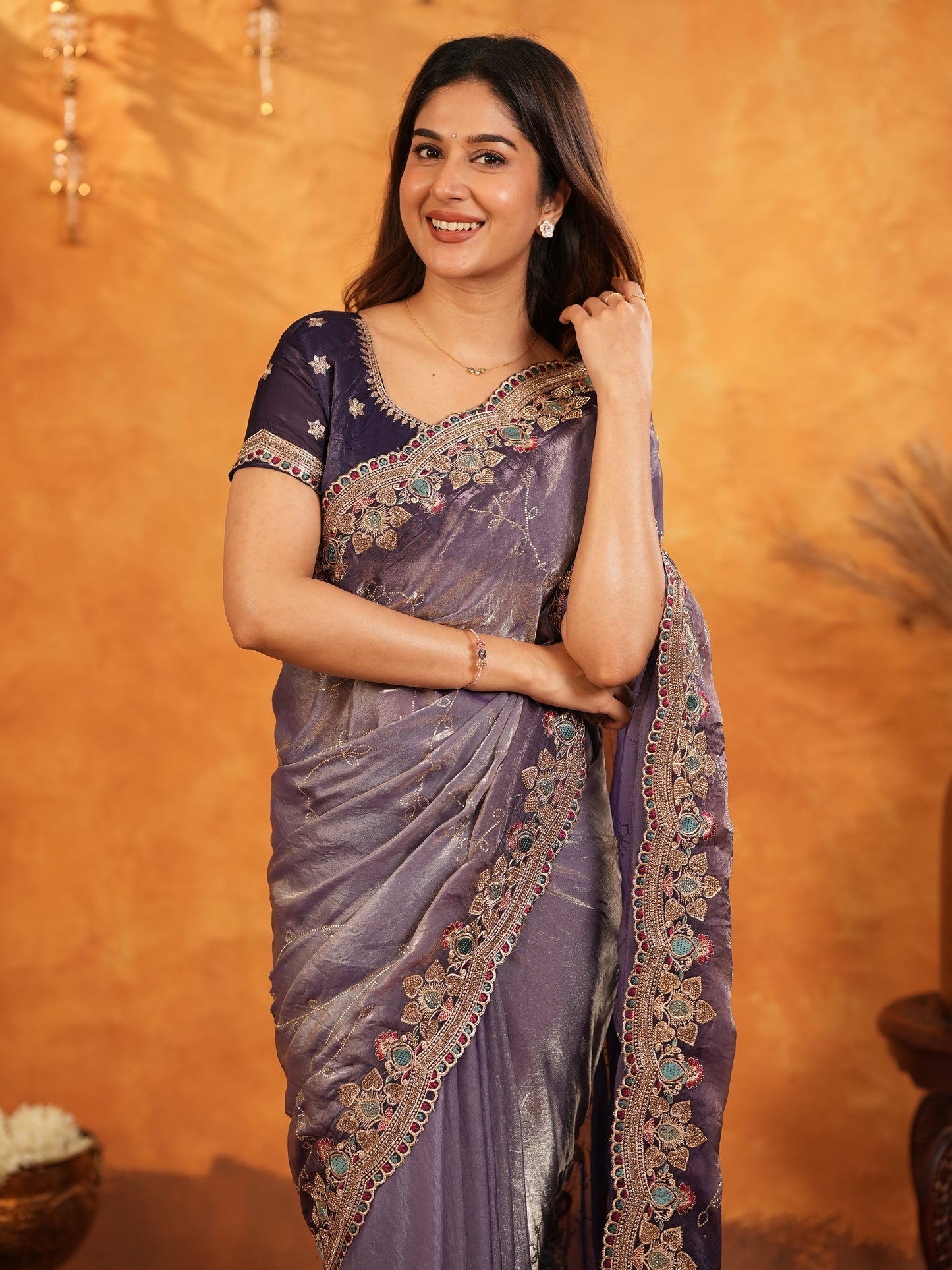 Royal Lavender Purple Fendy Satin Embroidered Saree with Intricate Floral Border & Tassels | Designer Party Wear Saree with Heavy Embroidered Blouse