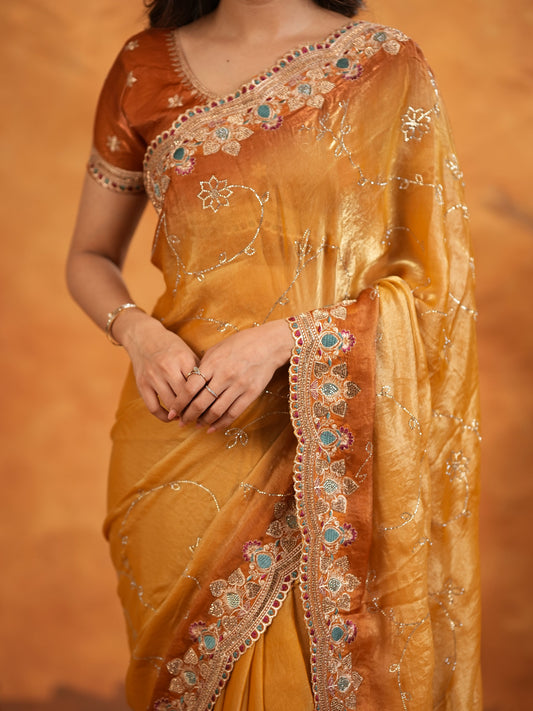 Mustard Gold Fendy Satin Embroidered Saree with Multicolor Floral Border & Tassels | Designer Festive Party Wear Saree with Heavy Embroidered Blouse