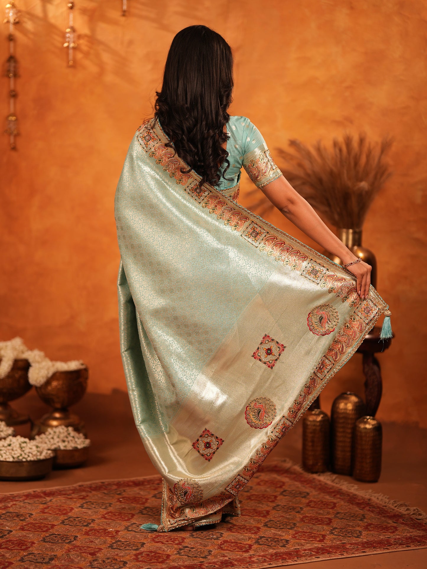 Mint Green Banarasi Silk Saree with Intricate Zari Weaving & Heavy Ornamental Embroidered Border | Elegant Festive & Wedding Wear Saree with Blouse