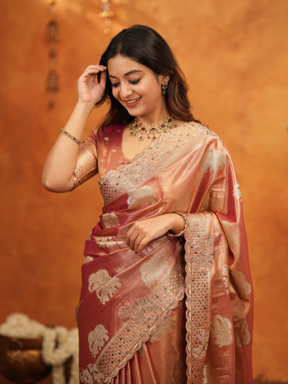 Peach Pink Tissue Silk Embroidered Saree with Zari Motifs & Designer Border | Heavy Embroidered Blouse with Tassels | Wedding & Festive Wear Saree