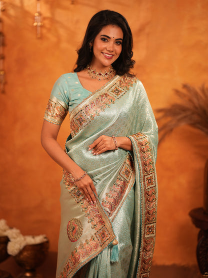 Mint Green Banarasi Silk Saree with Intricate Zari Weaving & Heavy Ornamental Embroidered Border | Elegant Festive & Wedding Wear Saree with Blouse