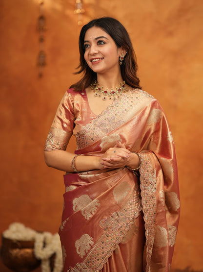 Peach Pink Tissue Silk Embroidered Saree with Zari Motifs & Designer Border | Heavy Embroidered Blouse with Tassels | Wedding & Festive Wear Saree