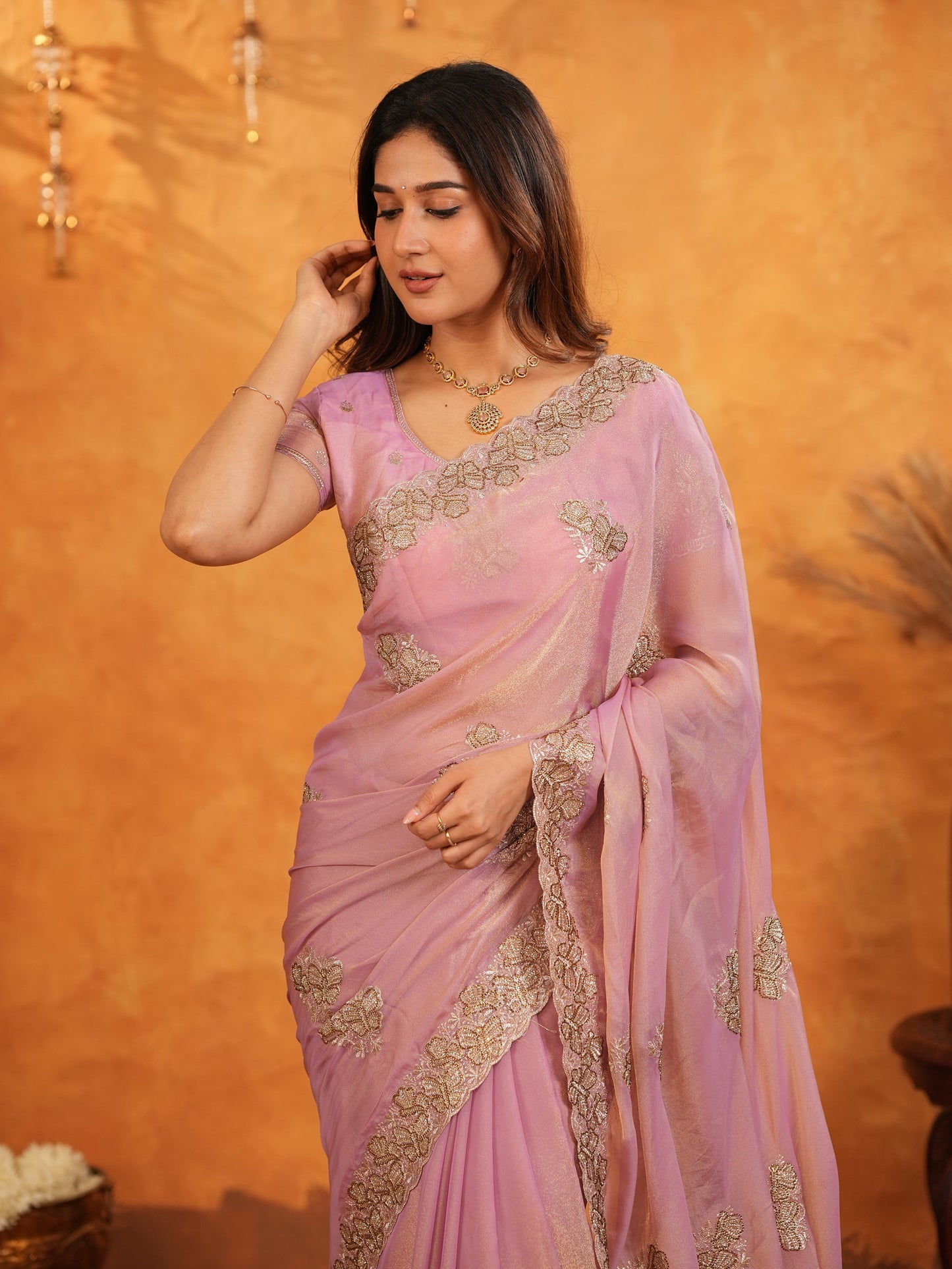Pastel Baby Pink Fendy Satin Embroidered Saree with Rich Floral Border & Tassels | Elegant Designer Saree with Heavy Embroidered Blouse