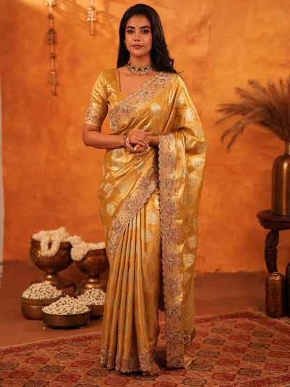 Mustard Gold Banarasi Silk Saree with Floral Zari Butti & Scalloped Embroidered Border | Premium Festive & Wedding Wear Designer Saree