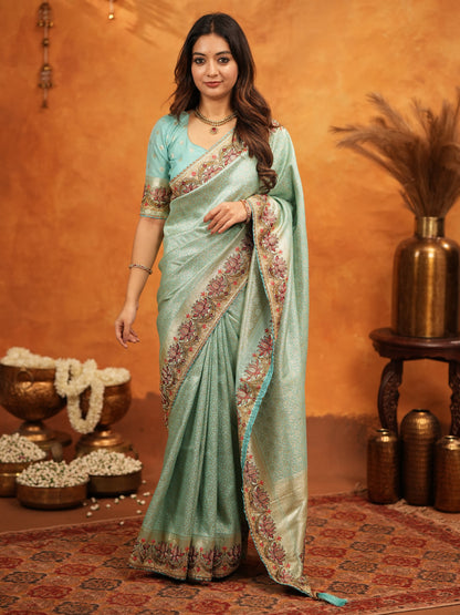 Aqua Green Banarasi Silk Embroidered Saree with Floral Border & Zari Weaving | Heavy Embroidered Blouse with Tassels | Wedding & Festive Wear Saree