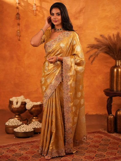 Mustard Gold Banarasi Silk Saree with Floral Zari Butti & Scalloped Embroidered Border | Premium Festive & Wedding Wear Designer Saree