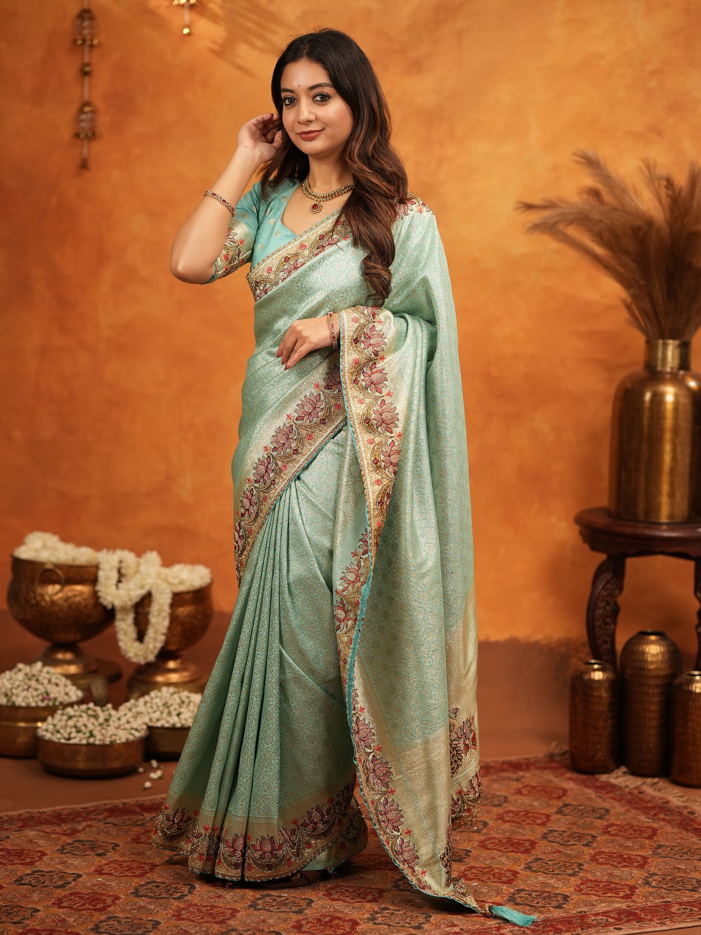 Aqua Green Banarasi Silk Embroidered Saree with Floral Border & Zari Weaving | Heavy Embroidered Blouse with Tassels | Wedding & Festive Wear Saree