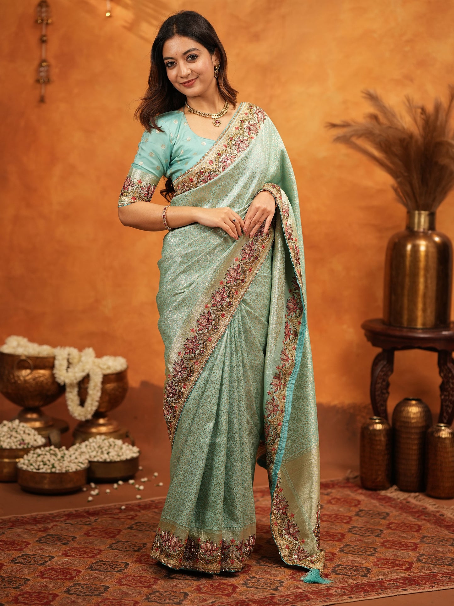 Aqua Green Banarasi Silk Embroidered Saree with Floral Border & Zari Weaving | Heavy Embroidered Blouse with Tassels | Wedding & Festive Wear Saree