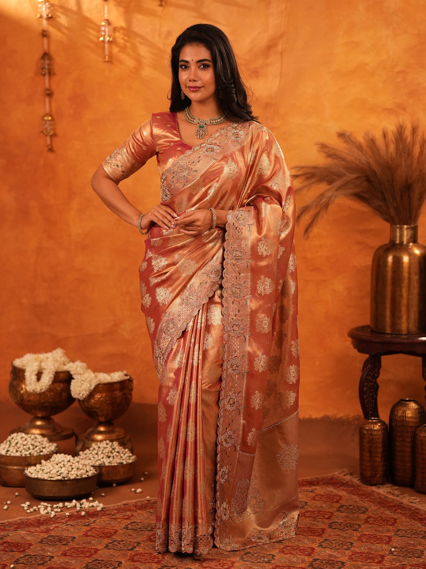Rose Gold Banarasi Silk Saree with Floral Zari Butti & Scalloped Embroidered Border | Premium Wedding & Festive Wear Designer Saree