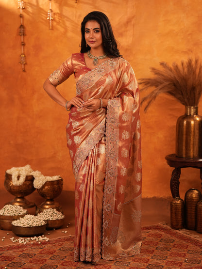 Rose Gold Banarasi Silk Saree with Floral Zari Butti & Scalloped Embroidered Border | Premium Wedding & Festive Wear Designer Saree