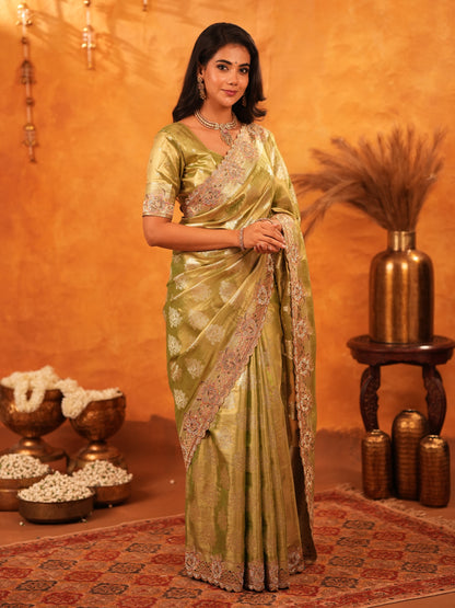 Mehendi Green Banarasi Silk Saree with Floral Zari Butti & Scalloped Embroidered Border | Elegant Festive & Wedding Wear Designer Saree