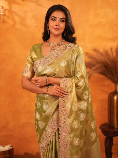 Mehendi Green Banarasi Silk Saree with Floral Zari Butti & Scalloped Embroidered Border | Elegant Festive & Wedding Wear Designer Saree