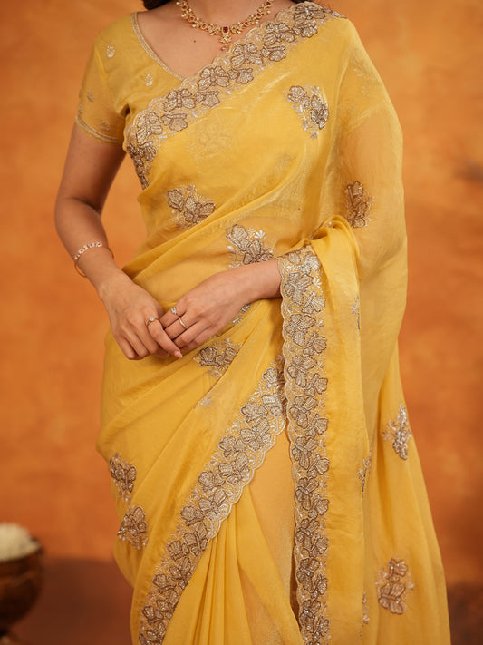 Sunshine Yellow Fendy Satin Embroidered Saree with Floral Border & Tassels | Elegant Festive Designer Saree with Heavy Embroidered Blouse