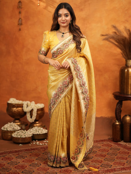 Mustard Yellow Banarasi Silk Embroidered Saree with Floral Border & Zari Weaving | Heavy Embroidered Blouse with Tassels | Wedding & Festive Wear Saree