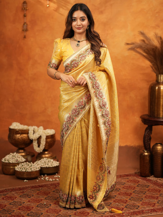 Mustard Yellow Banarasi Silk Embroidered Saree with Floral Border & Zari Weaving | Heavy Embroidered Blouse with Tassels | Wedding & Festive Wear Saree