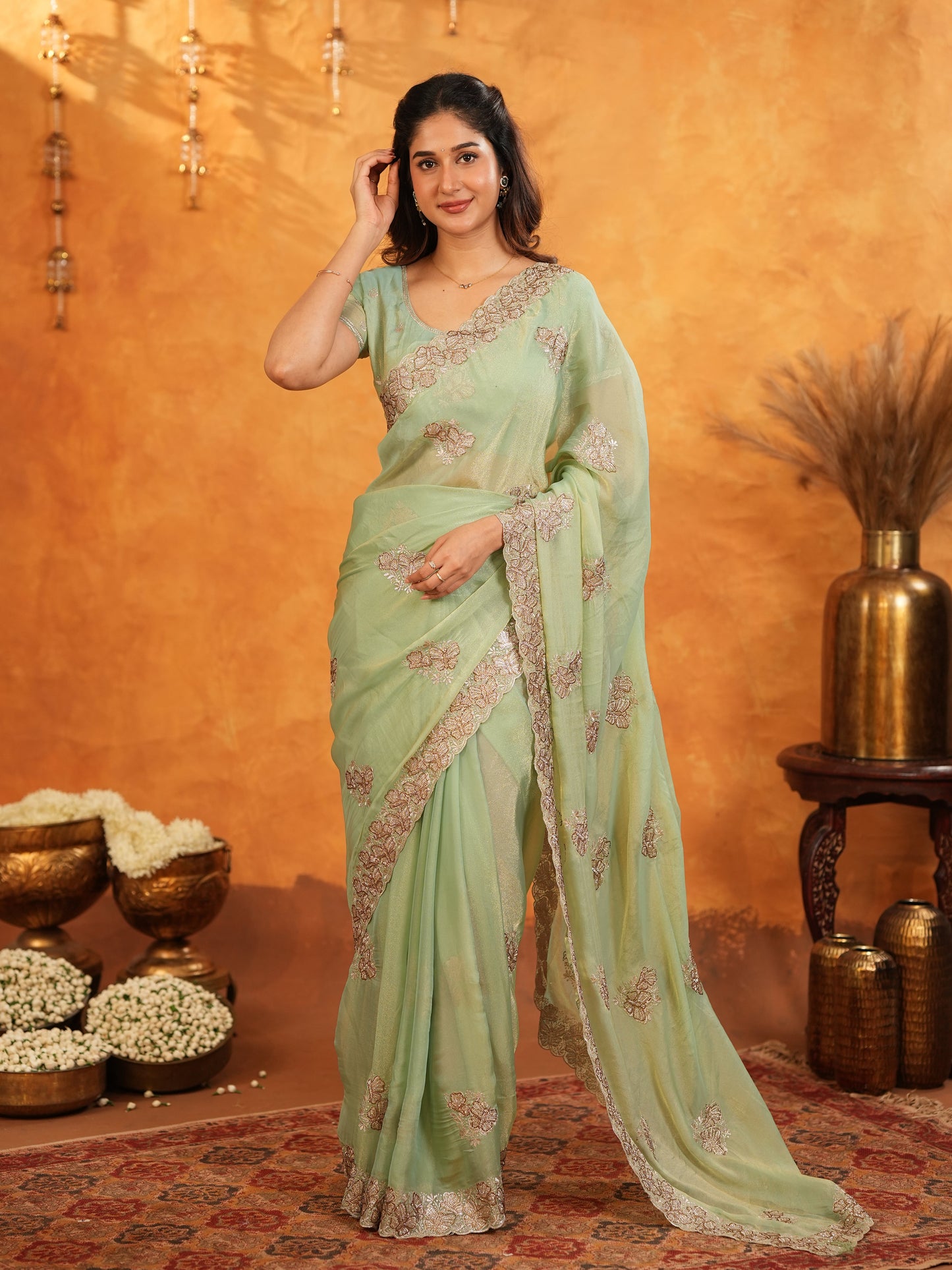 Mint Green Fendy Satin Embroidered Saree with Elegant Floral Work & Tassels | Soft Pastel Designer Saree with Heavy Embroidered Blouse