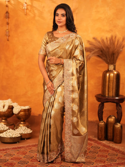Antique Gold Banarasi Silk Saree with Floral Zari Butti & Scalloped Embroidered Border | Elegant Wedding & Festive Wear Designer Saree