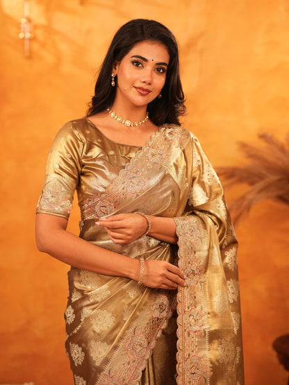 Antique Gold Banarasi Silk Saree with Floral Zari Butti & Scalloped Embroidered Border | Elegant Wedding & Festive Wear Designer Saree