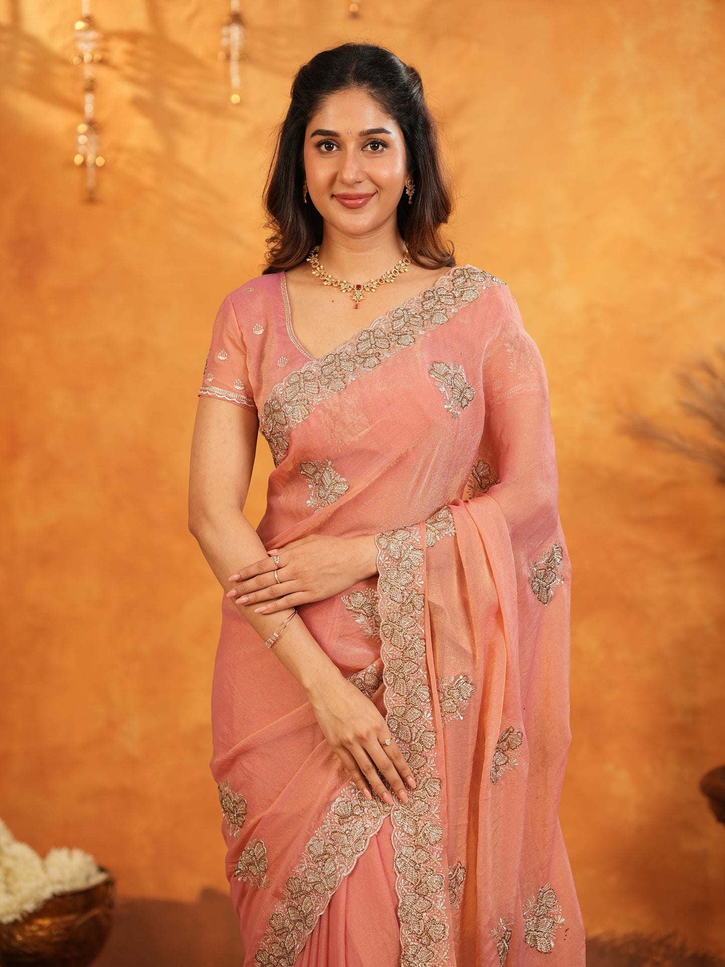 Peach Pink Fendy Satin Embroidered Saree with Rich Floral Border & Tassels | Elegant Pastel Designer Saree with Heavy Embroidered Blouse