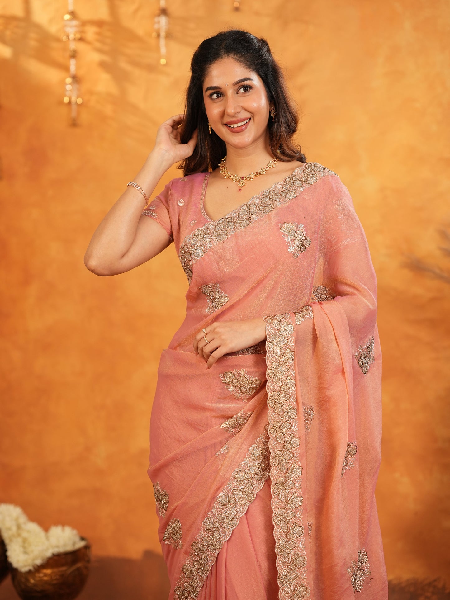 Peach Pink Fendy Satin Embroidered Saree with Rich Floral Border & Tassels | Elegant Pastel Designer Saree with Heavy Embroidered Blouse