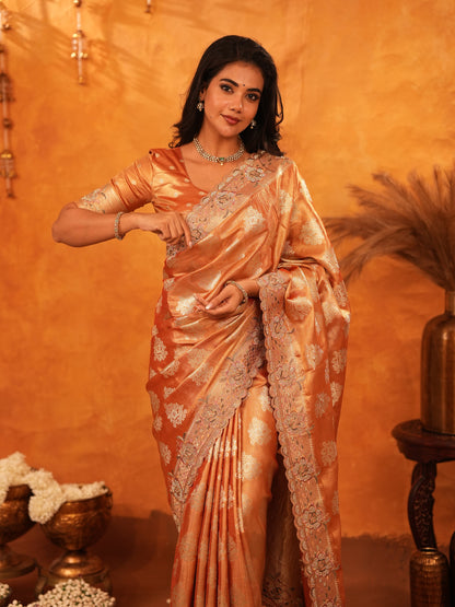 Rust Orange Banarasi Silk Saree with Floral Zari Butti & Scalloped Embroidered Border | Designer Wedding & Festive Wear Saree with Blouse