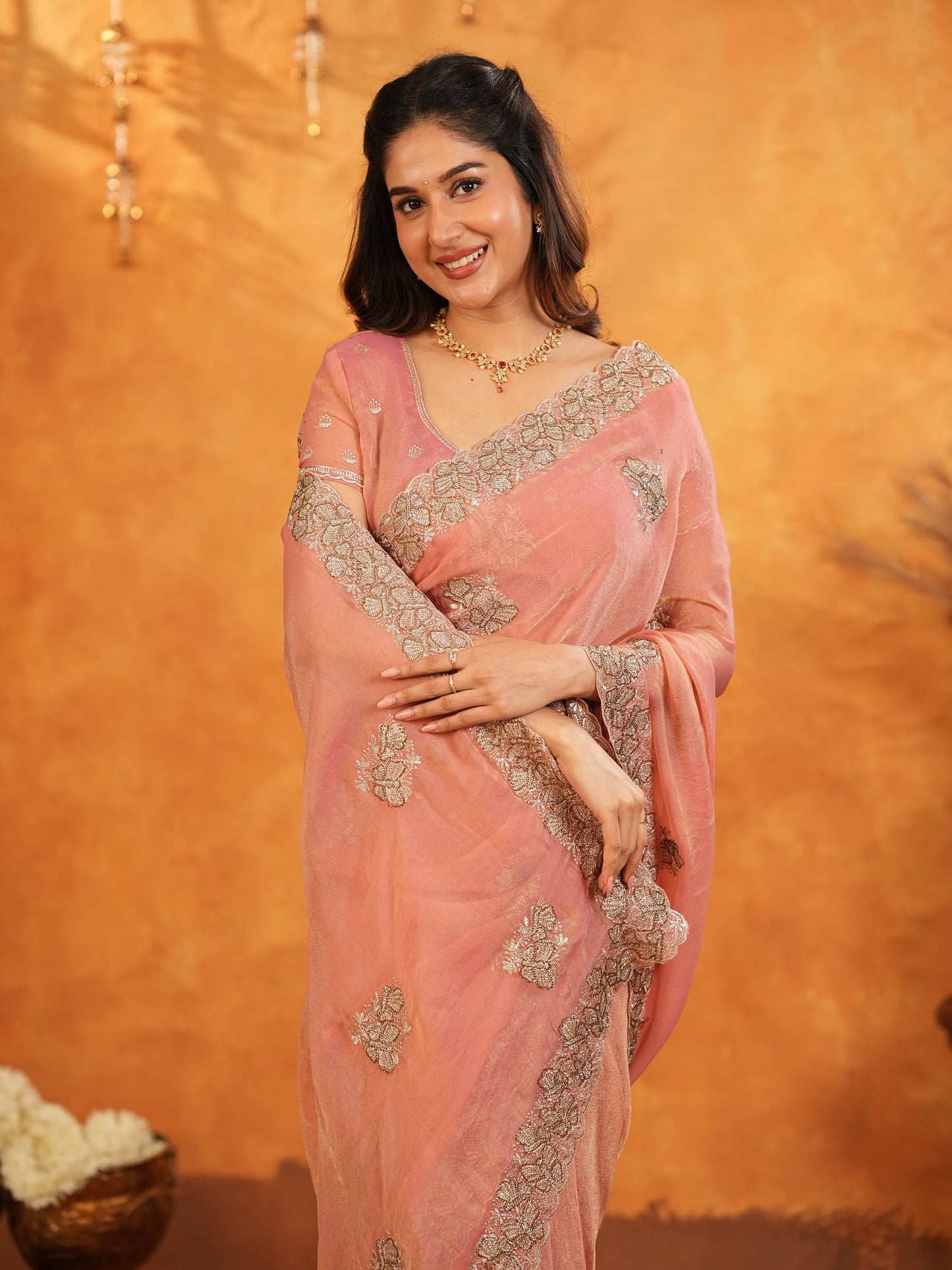Peach Pink Fendy Satin Embroidered Saree with Rich Floral Border & Tassels | Elegant Pastel Designer Saree with Heavy Embroidered Blouse