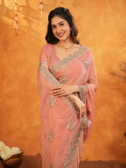 Peach Pink Fendy Satin Embroidered Saree with Rich Floral Border & Tassels | Elegant Pastel Designer Saree with Heavy Embroidered Blouse