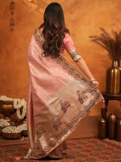 Peach Pink Banarasi Silk Embroidered Saree with Floral Border & Zari Weaving | Heavy Embroidered Blouse with Tassels | Wedding & Festive Wear Saree