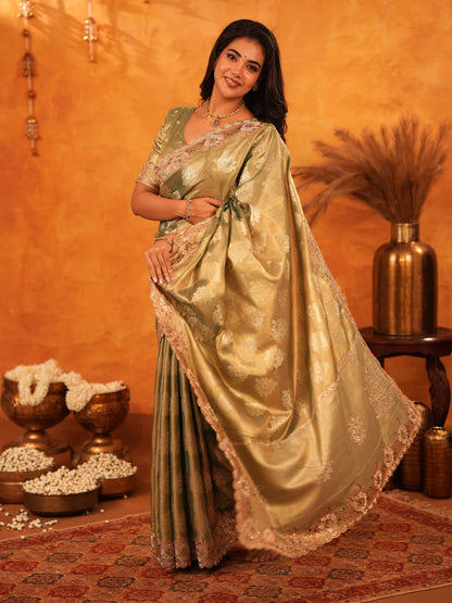 Olive Gold Banarasi Silk Saree with Floral Zari Butti & Scalloped Embroidered Border | Elegant Wedding & Festive Designer Saree