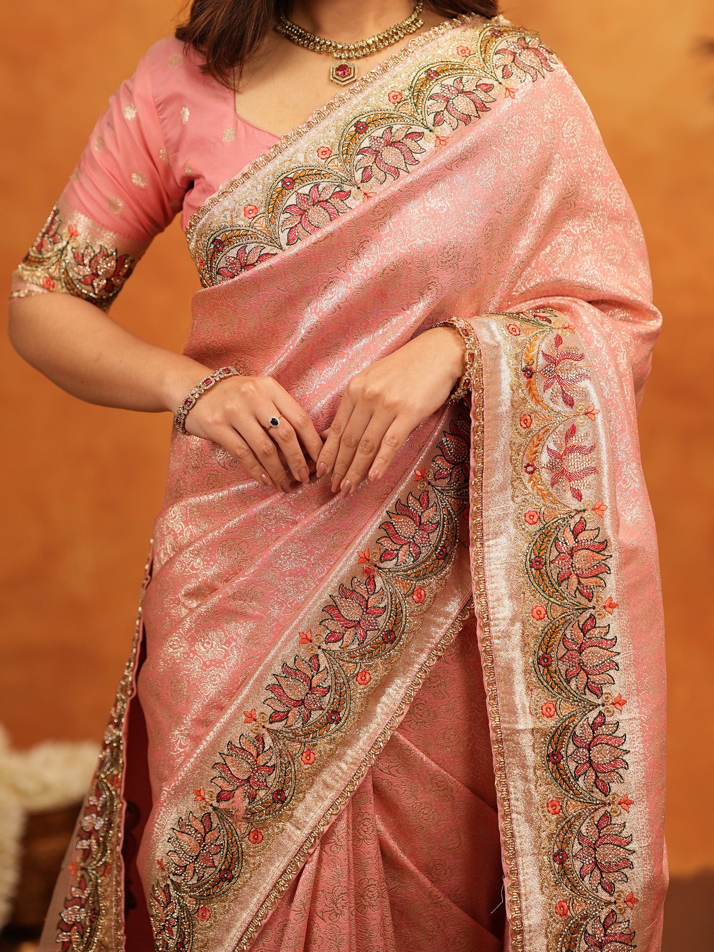Peach Pink Banarasi Silk Embroidered Saree with Floral Border & Zari Weaving | Heavy Embroidered Blouse with Tassels | Wedding & Festive Wear Saree