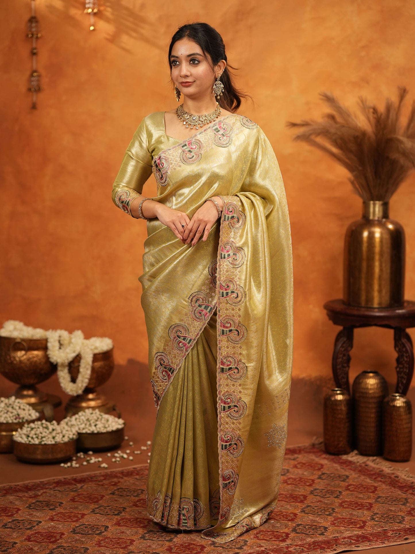 Olive Gold Banarasi Silk Embroidered Saree with Paisley Border & Zari Weaving | Heavy Embroidered Blouse with Tassels | Wedding & Festive Wear Saree