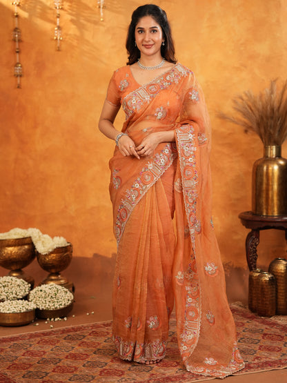 Burnt Orange Fendy Satin Embroidered Saree with Intricate Floral Border & Tassels | Premium Designer Saree with Heavy Embroidered Blouse