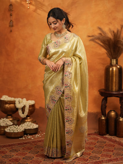 Olive Gold Banarasi Silk Embroidered Saree with Paisley Border & Zari Weaving | Heavy Embroidered Blouse with Tassels | Wedding & Festive Wear Saree