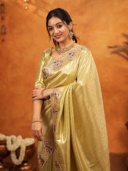 Olive Gold Banarasi Silk Embroidered Saree with Paisley Border & Zari Weaving | Heavy Embroidered Blouse with Tassels | Wedding & Festive Wear Saree
