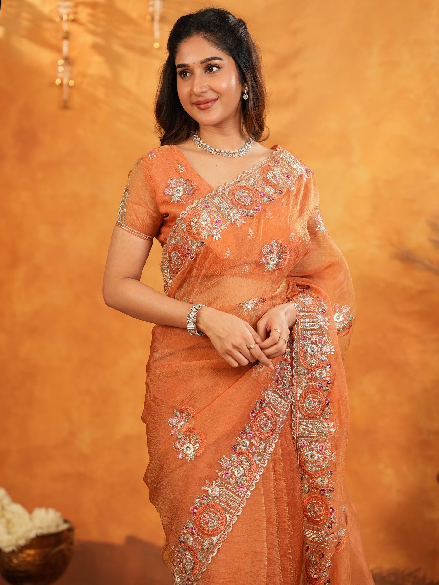 Burnt Orange Fendy Satin Embroidered Saree with Intricate Floral Border & Tassels | Premium Designer Saree with Heavy Embroidered Blouse