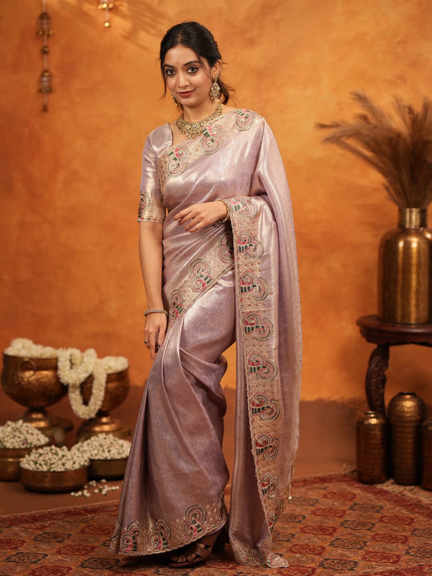 Mauve Pink Banarasi Silk Embroidered Saree with Paisley Border & Zari Weaving | Heavy Embroidered Blouse with Tassels | Wedding & Festive Wear Saree