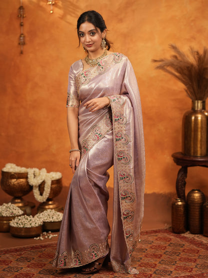 Mauve Pink Banarasi Silk Embroidered Saree with Paisley Border & Zari Weaving | Heavy Embroidered Blouse with Tassels | Wedding & Festive Wear Saree