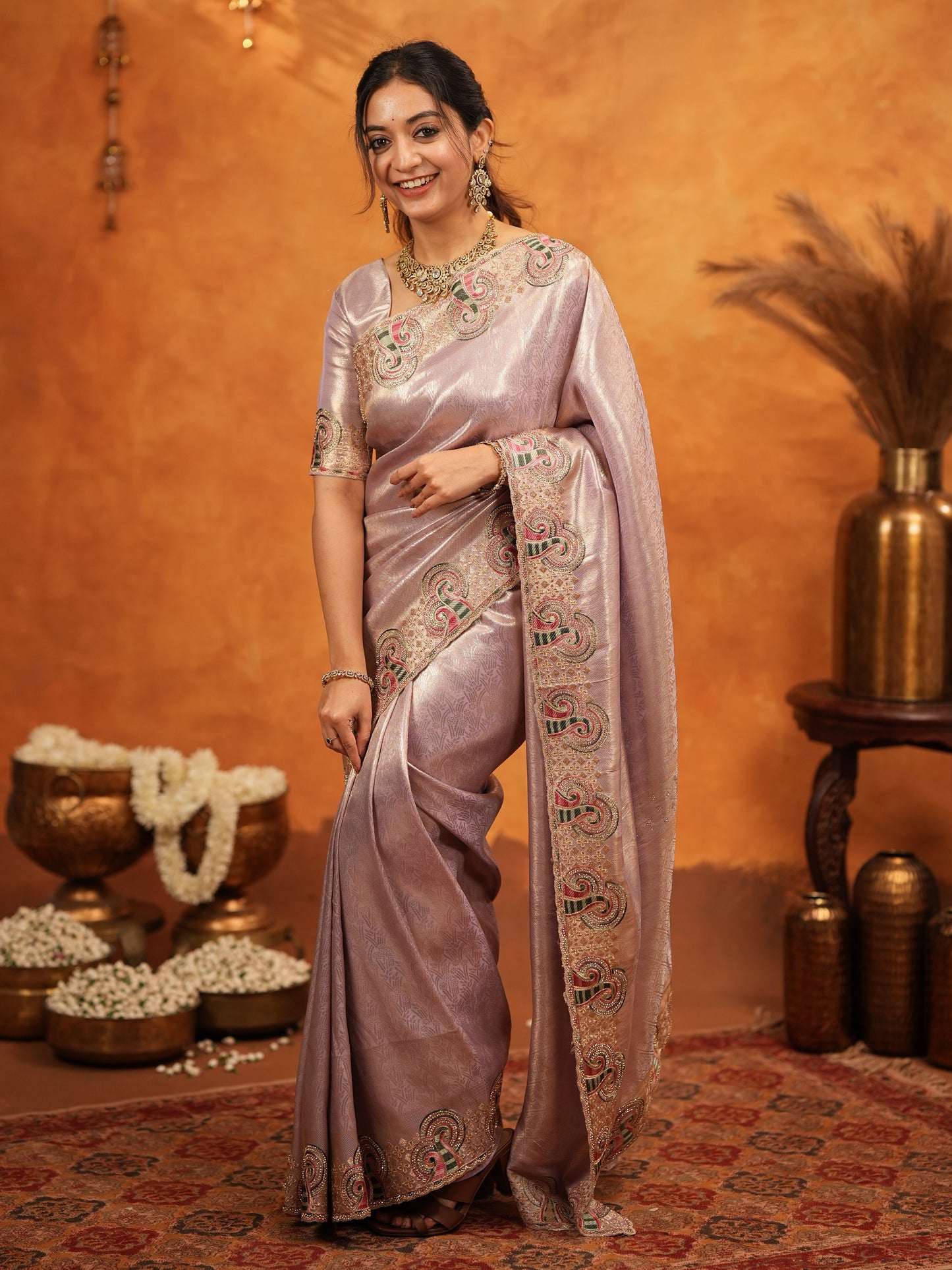 Mauve Pink Banarasi Silk Embroidered Saree with Paisley Border & Zari Weaving | Heavy Embroidered Blouse with Tassels | Wedding & Festive Wear Saree