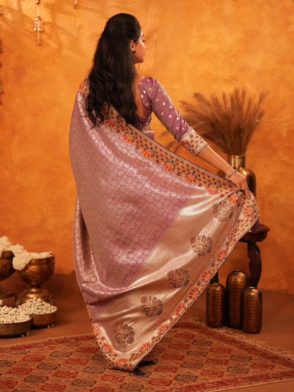 Lavender Purple Banarasi Silk Saree with Peacock Floral Embroidered Border & Zari Weaving | Premium Festive & Wedding Wear Designer Saree